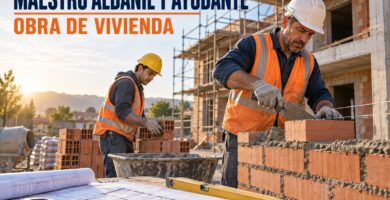 Maestro albañil y ayudante trabajando con protección en una obra de vivienda