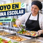 Trabajadora sirviendo alimentos saludables en una cocina escolar moderna