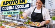 Trabajadora sirviendo alimentos saludables en una cocina escolar moderna