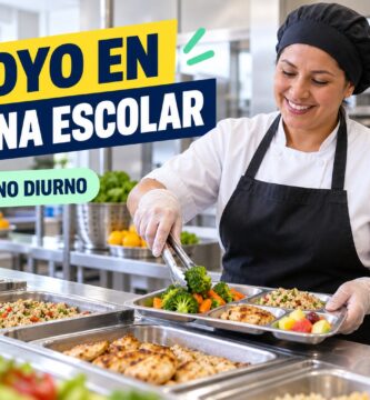 Trabajadora sirviendo alimentos saludables en una cocina escolar moderna