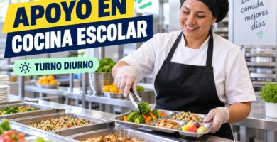 Trabajadora sirviendo alimentos saludables en una cocina escolar moderna