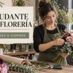 Ayudante profesional preparando un ramo en una florería luminosa