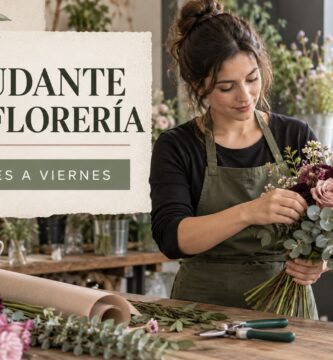 Ayudante profesional preparando un ramo en una florería luminosa