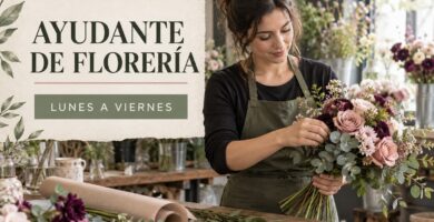 Ayudante profesional preparando un ramo en una florería luminosa