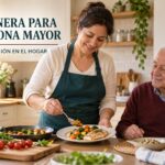 Cocinera preparando una comida saludable para una persona mayor en casa