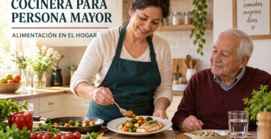 Cocinera preparando una comida saludable para una persona mayor en casa