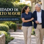 Cuidadora acompañando respetuosamente a un adulto mayor durante el día