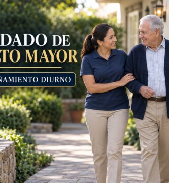 Cuidadora acompañando respetuosamente a un adulto mayor durante el día