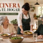 Cocinera sirviendo un almuerzo saludable a una pareja de adultos mayores