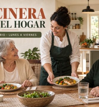 Cocinera sirviendo un almuerzo saludable a una pareja de adultos mayores