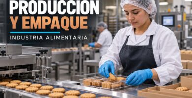Trabajadora empacando productos de panadería en una planta alimentaria